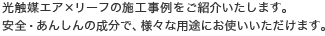 光触媒エア×リーフの施工事例をご紹介いたします。
安全・あんしんの成分で、様々な用途にお使いいただけます。